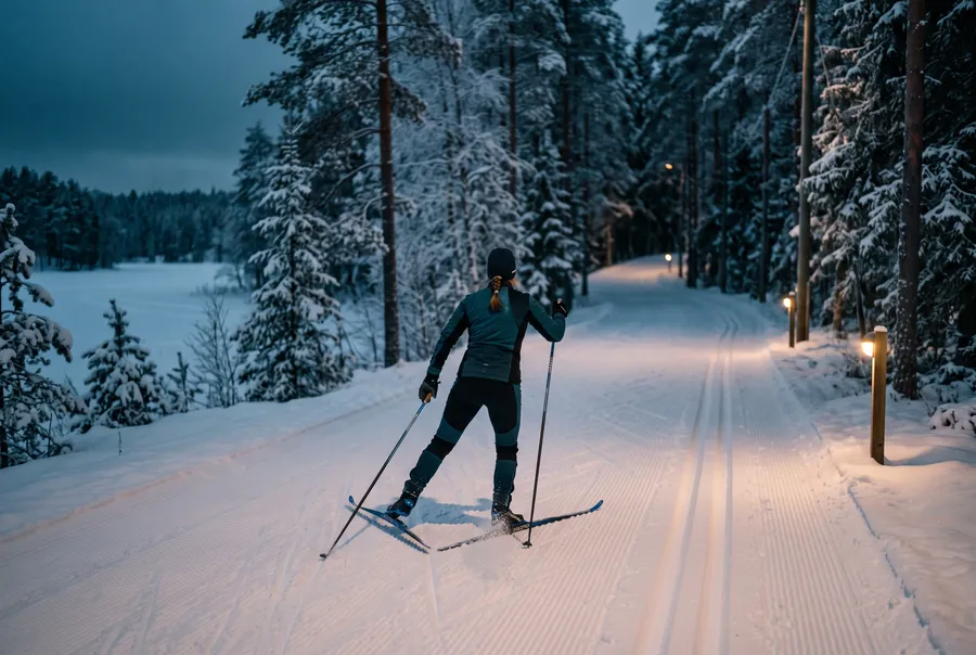 Hiihtäjä luistelee valaistulla ladulla lumisessa metsässä iltahämärässä.