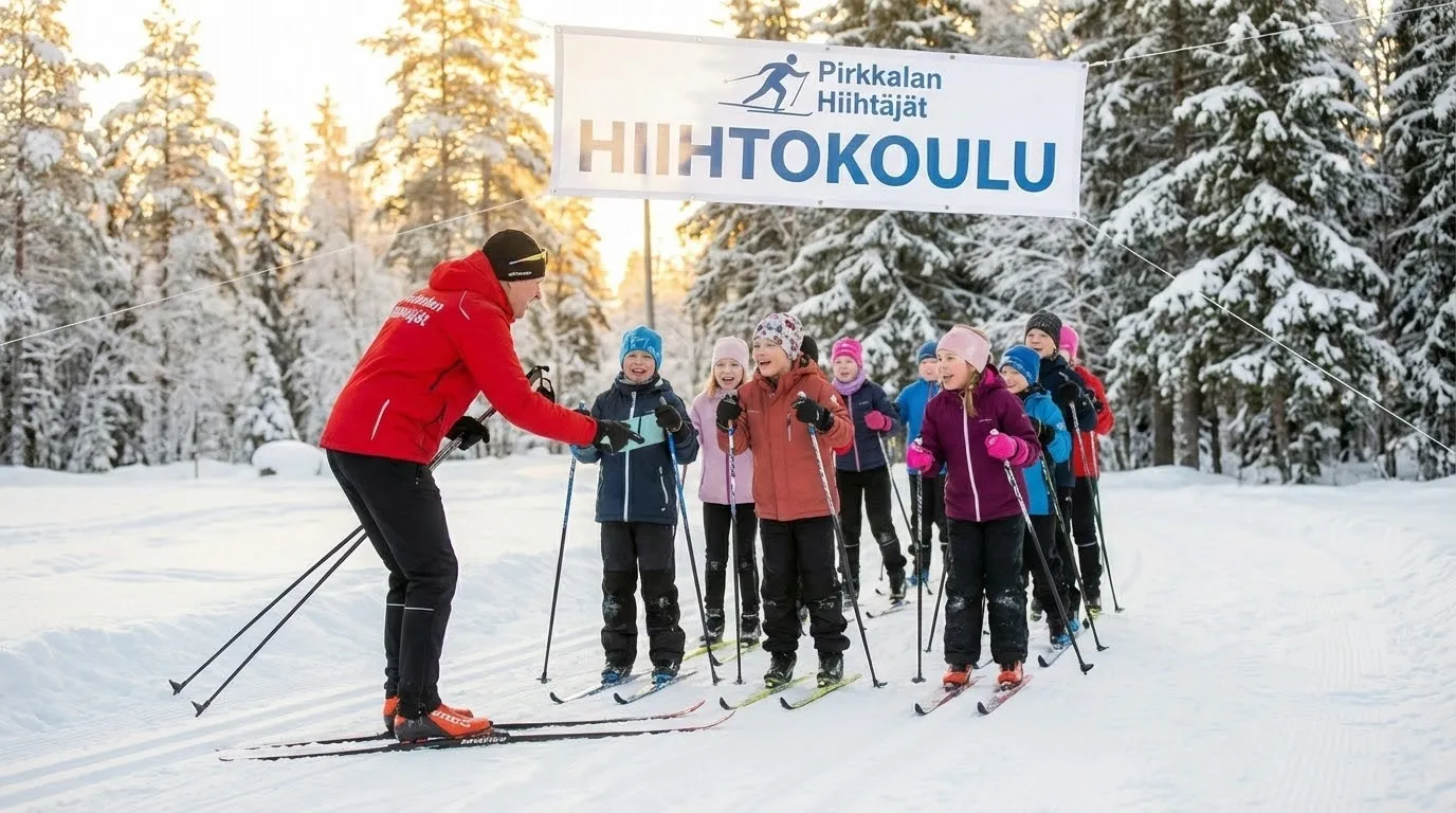 Hiihtokoulun lapset harjoittelevat aurinkoisella ladulla.