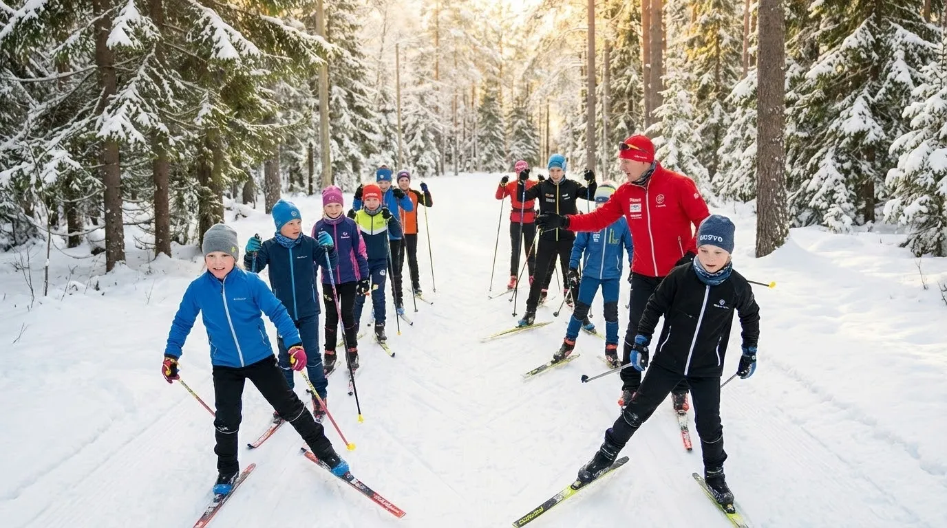 Lapsi hiihtää ladulla talvisessa maisemassa.