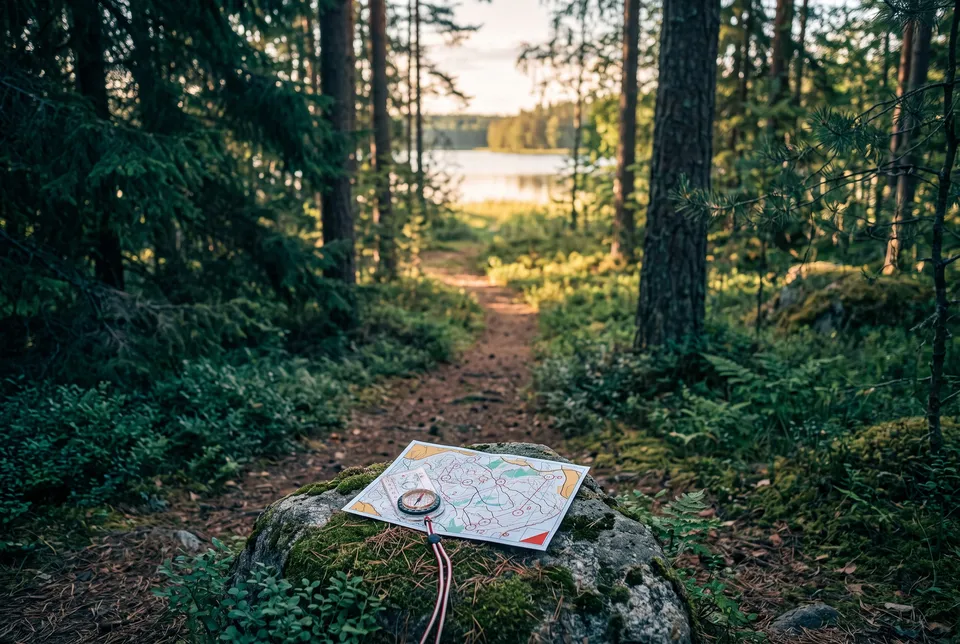 Suunnistuskartta ja kompassi sammaleisella kivellä metsäpolun varrella, taustalla järvi.