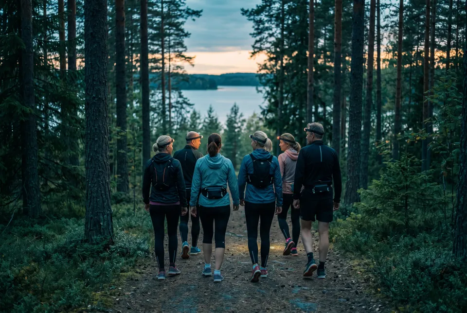 Eri-ikäisten liikkujien ryhmä kävelee metsäpolkua järvelle päin iltahämärässä.