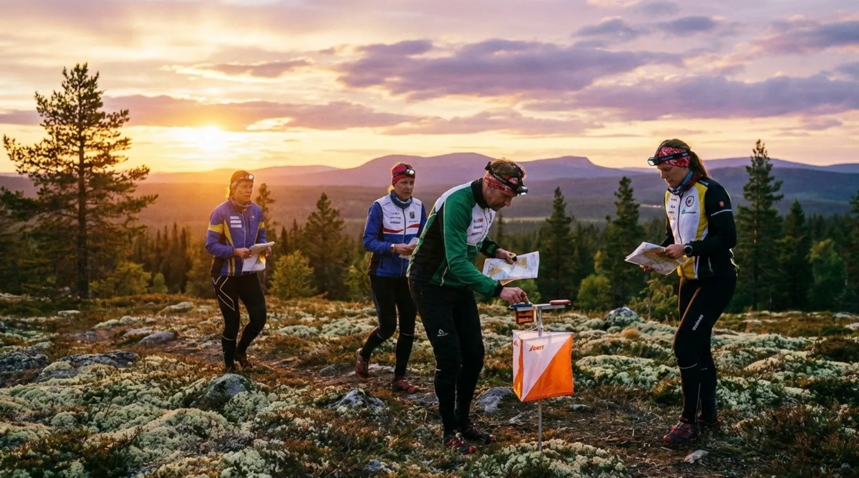 Suunnistaja metsässä auringonlaskun aikaan.