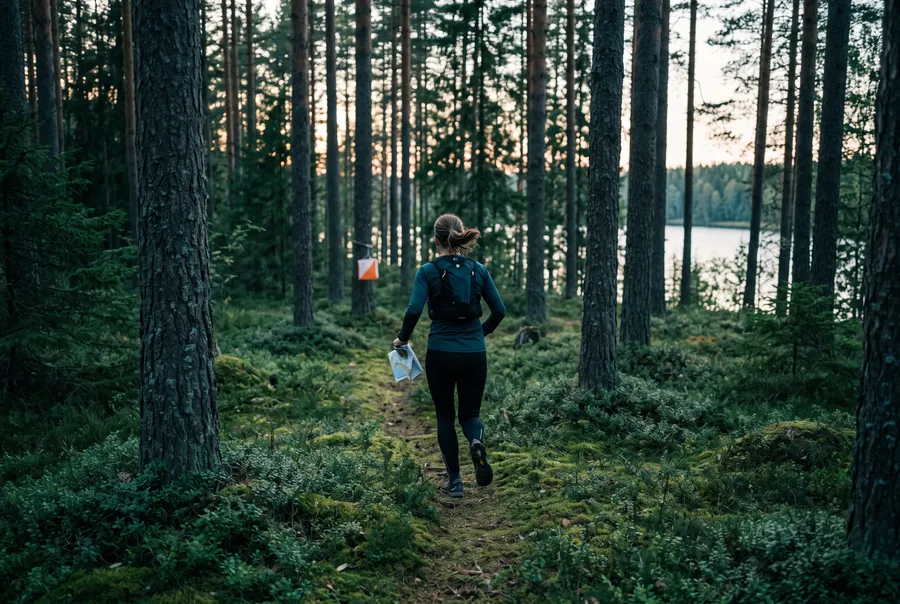 Suunnistaja juoksee iltaisessa mäntymetsässä kartta kädessä, rasti puiden välissä.