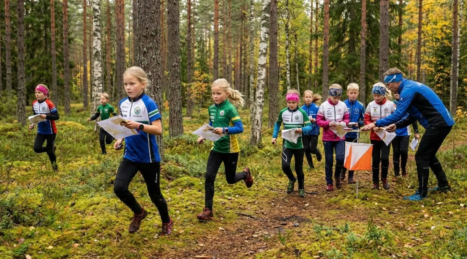 Lapsia suunnistuskoulussa kartat käsissään metsän laidalla.