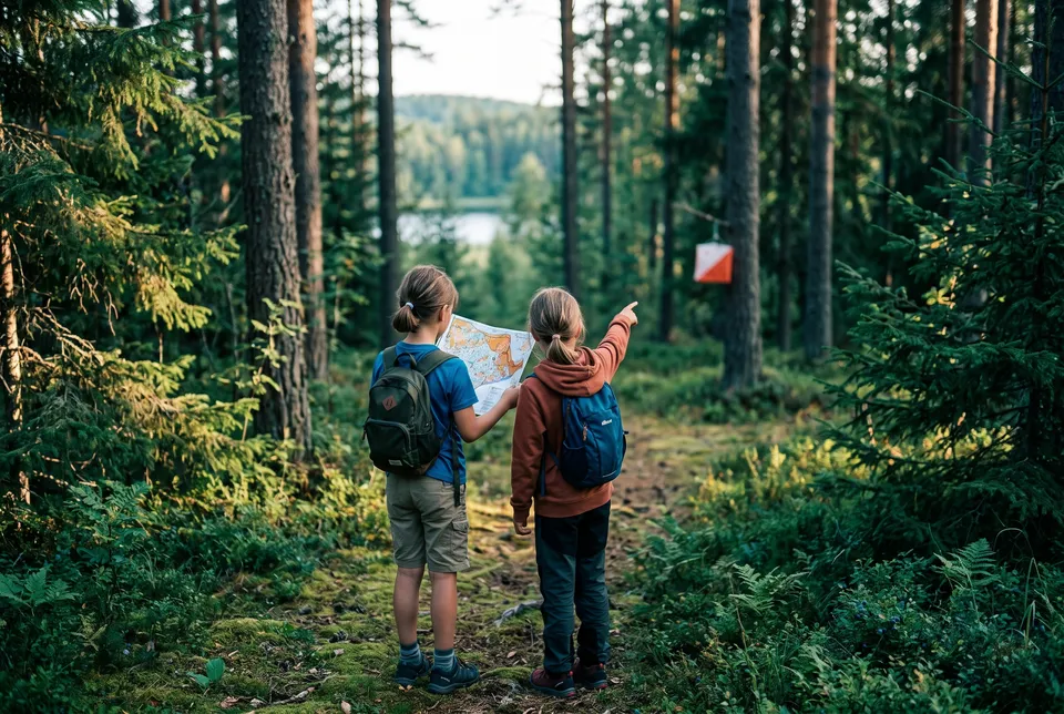 Kaksi lasta tutkii suunnistuskarttaa metsäpolulla, toinen osoittaa kohti rastia.